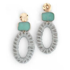 Serefina Velvet Drop Earrings Gray Blue Agate 14K Gold Plated 3"L x 1.5"W